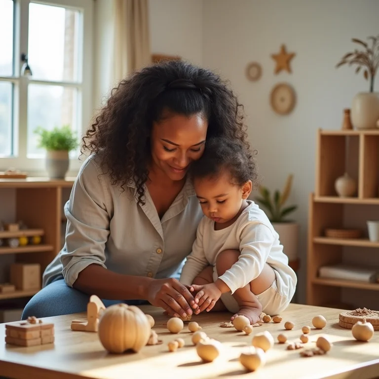 Mãe incentivando a autonomia do filho em ambiente montessoriano