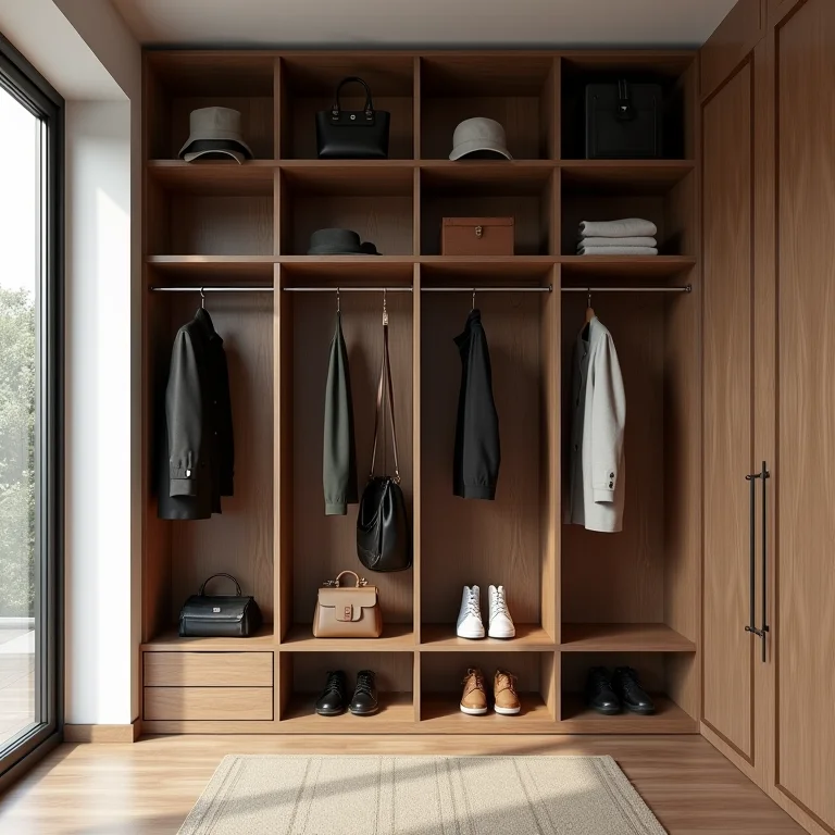 Mancebo com cabideiro e prateleiras para organização completa.