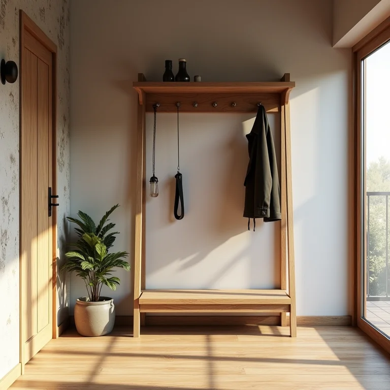 Mancebo de madeira em uma casa rústica e elegante.