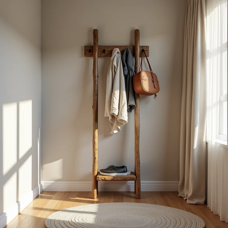 Mancebo de madeira rústico em quarto aconchegante.