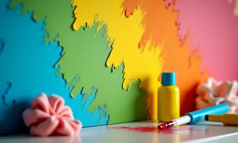 Mancha de canetinha colorida em parede vibrante, com materiais de limpeza ao redor.