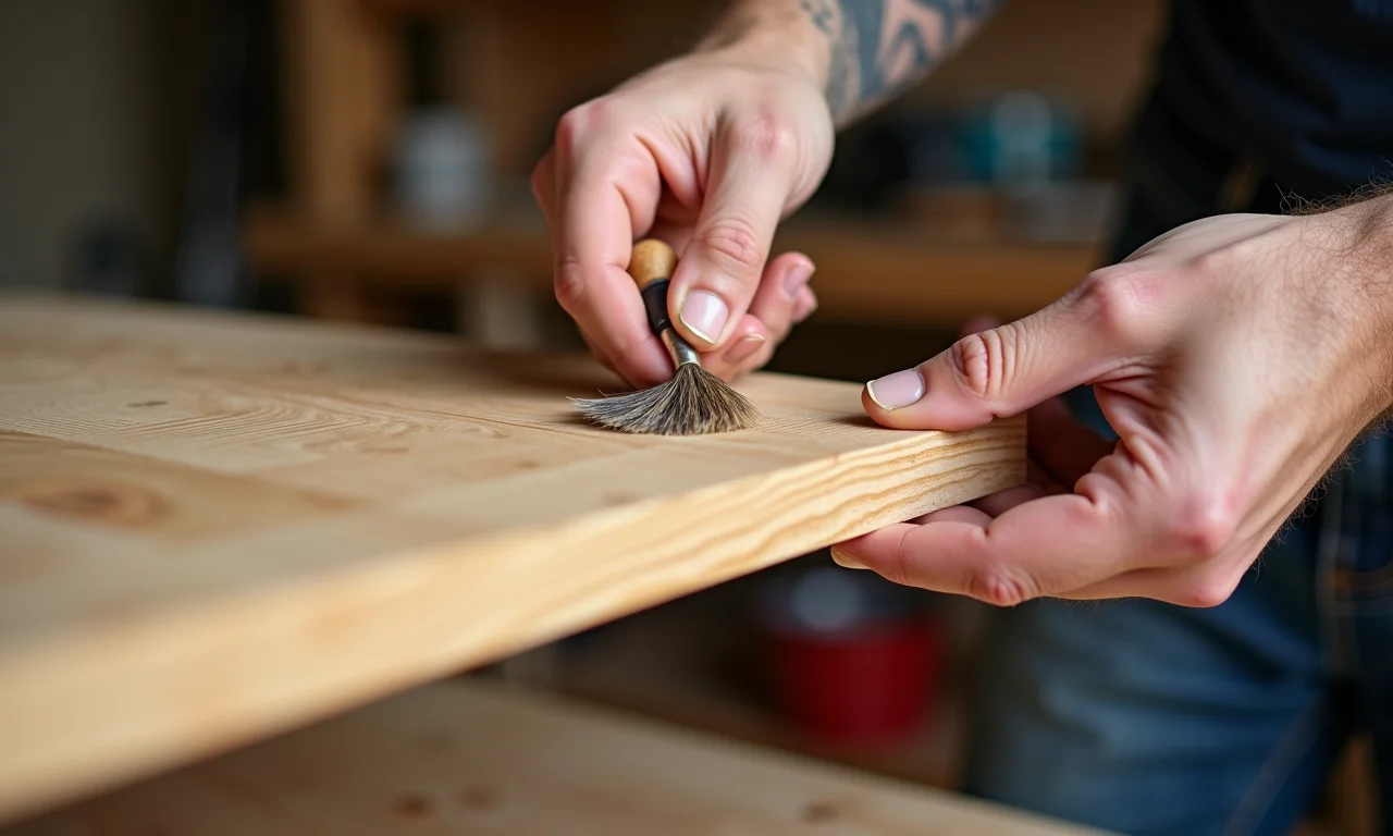 Mão aplicando verniz em prateleira de madeira, destacando os veios da madeira.