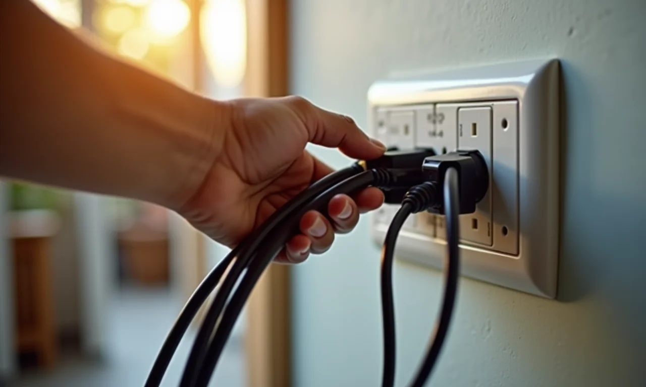 Mão desconectando cabos de uma régua de energia.