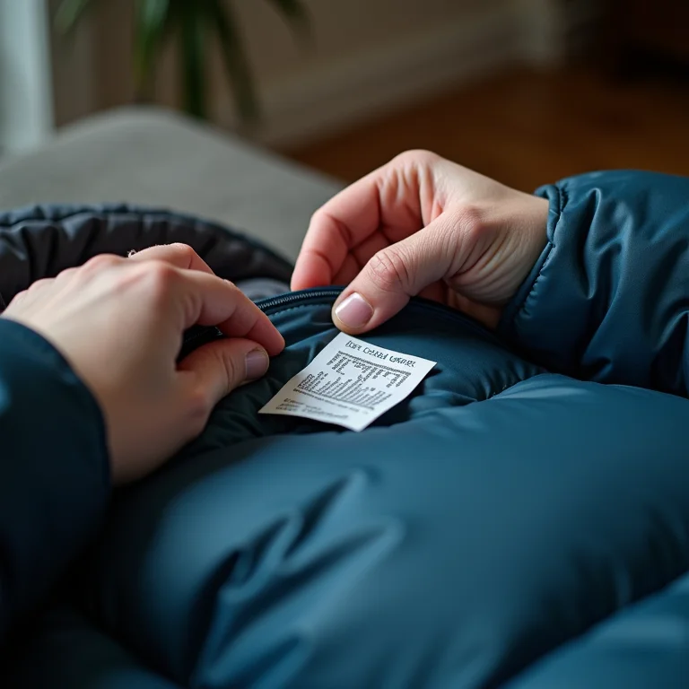 Mão examinando a etiqueta de um saco de dormir