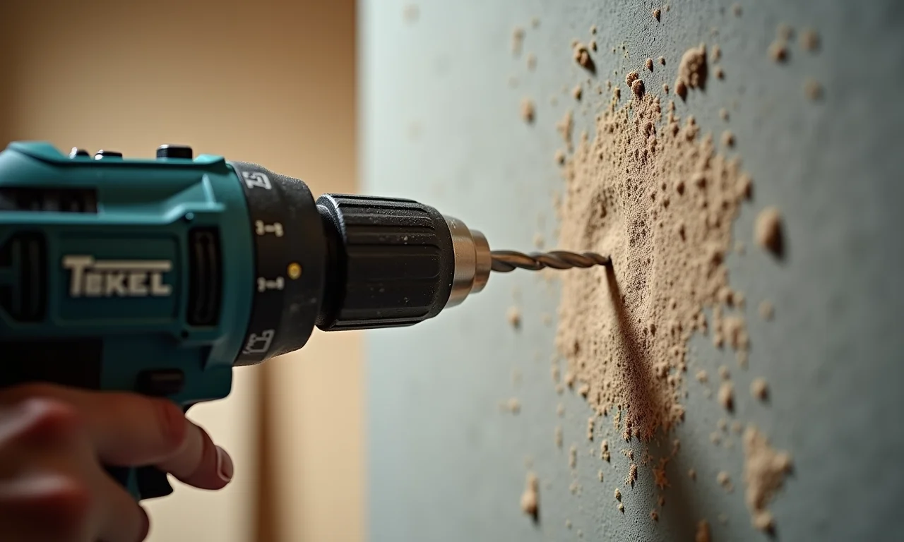 Mão furando parede com furadeira para instalar prateleira.