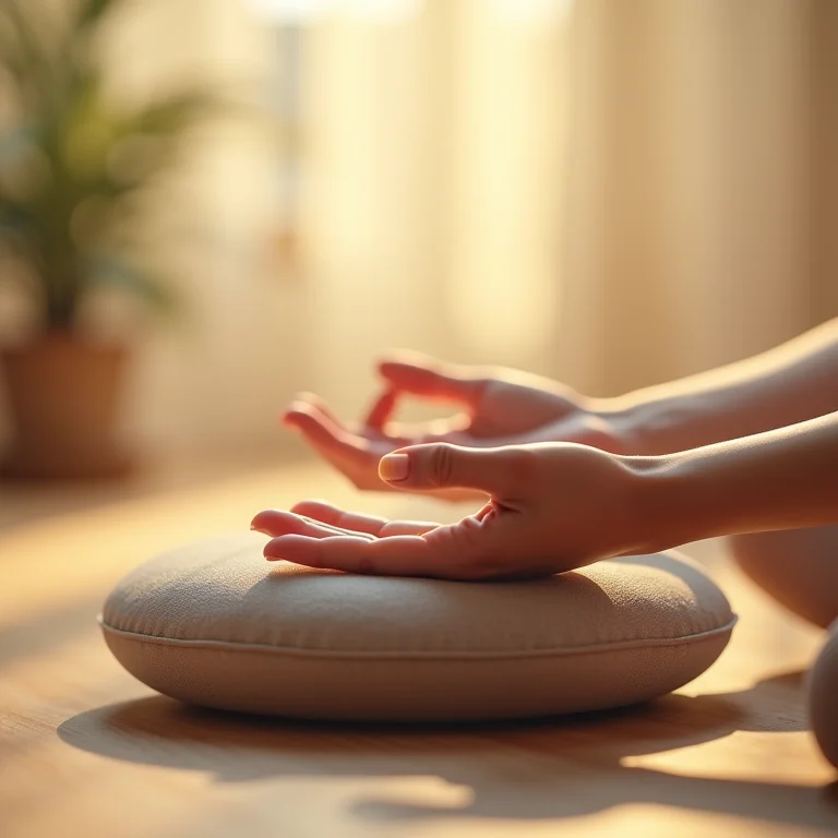 Mão hesitante alcançando almofada de meditação em ambiente calmo.