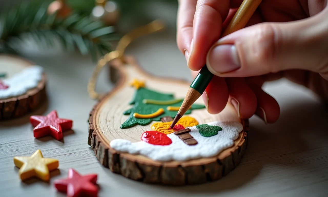 Mão pintando enfeite de madeira com tinta não tóxica.