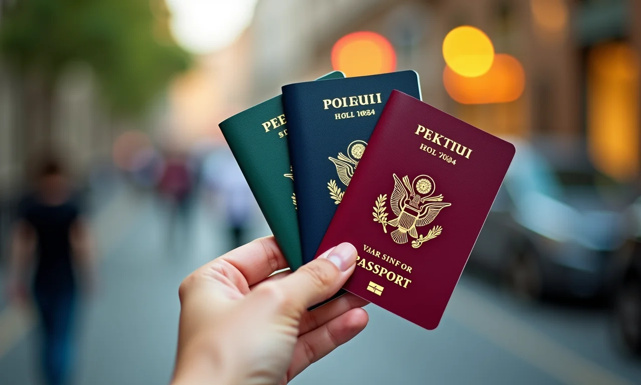 Mão segurando diversos vistos de viagem coloridos, com passaporte borrado ao fundo.