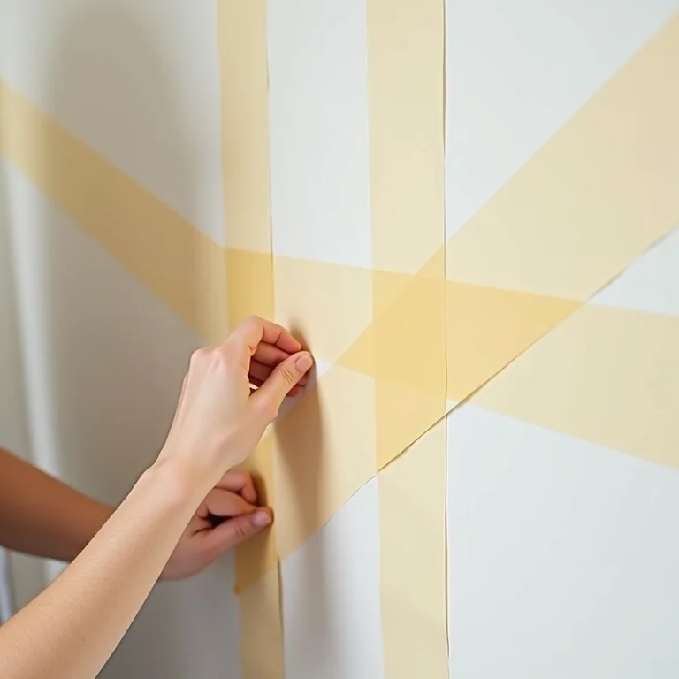 Mãos aplicando fita adesiva para delimitar formas geométricas na parede