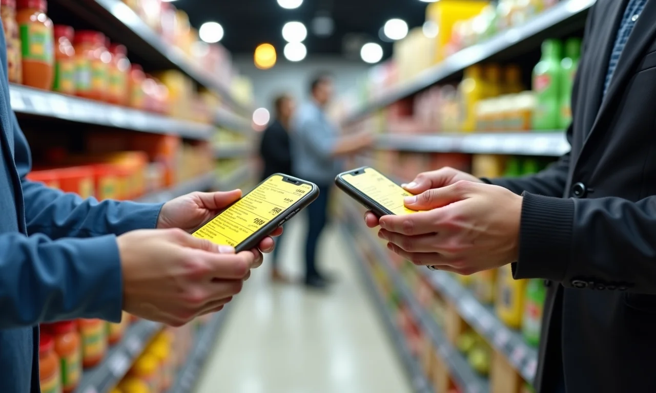 Mãos comparando preços de produtos similares no corredor do supermercado.
