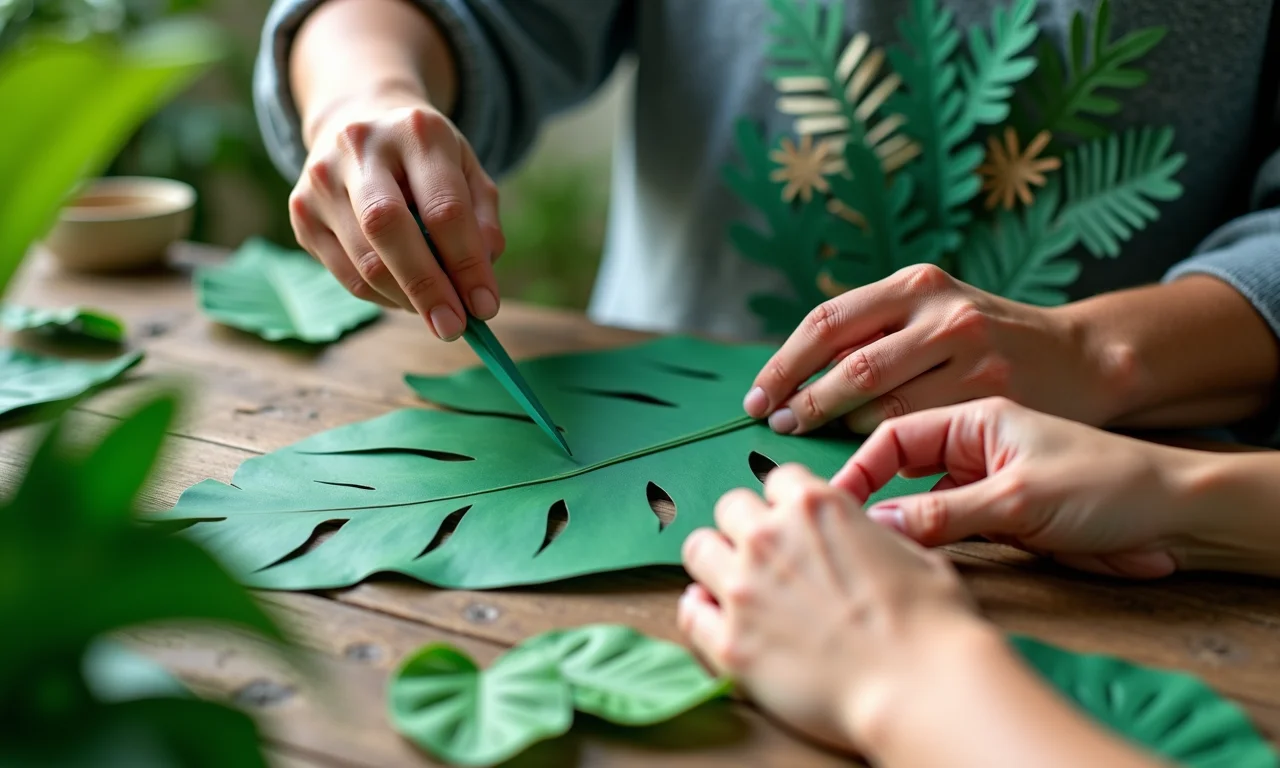 Mãos criando folhas de papel para decoração DIY com tema de selva.