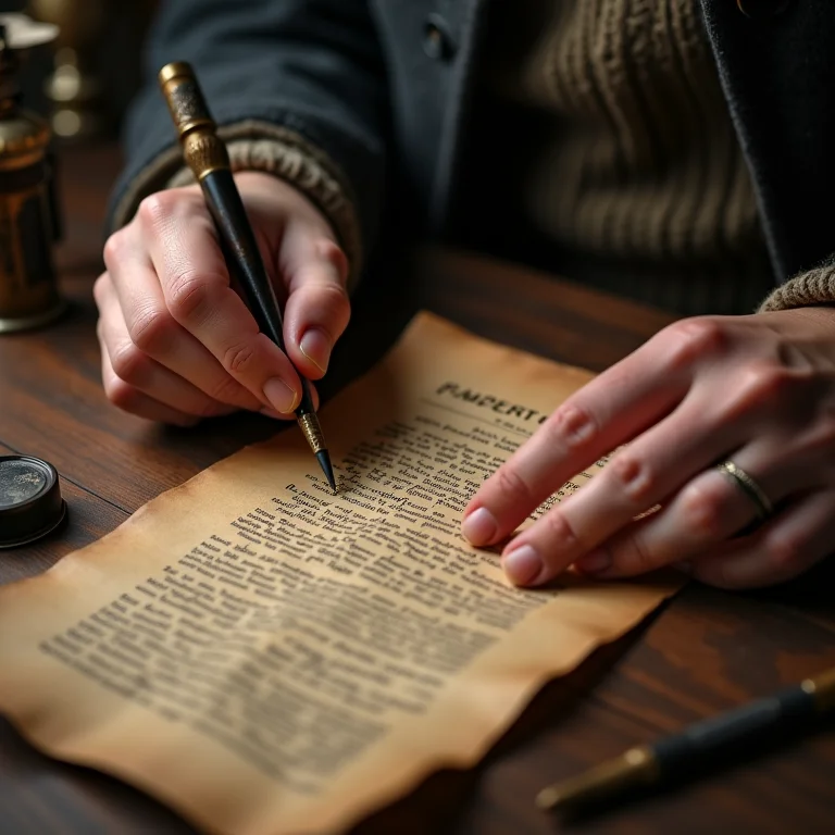 Mãos criando uma pista de caça ao tesouro com papel envelhecido e tinta.