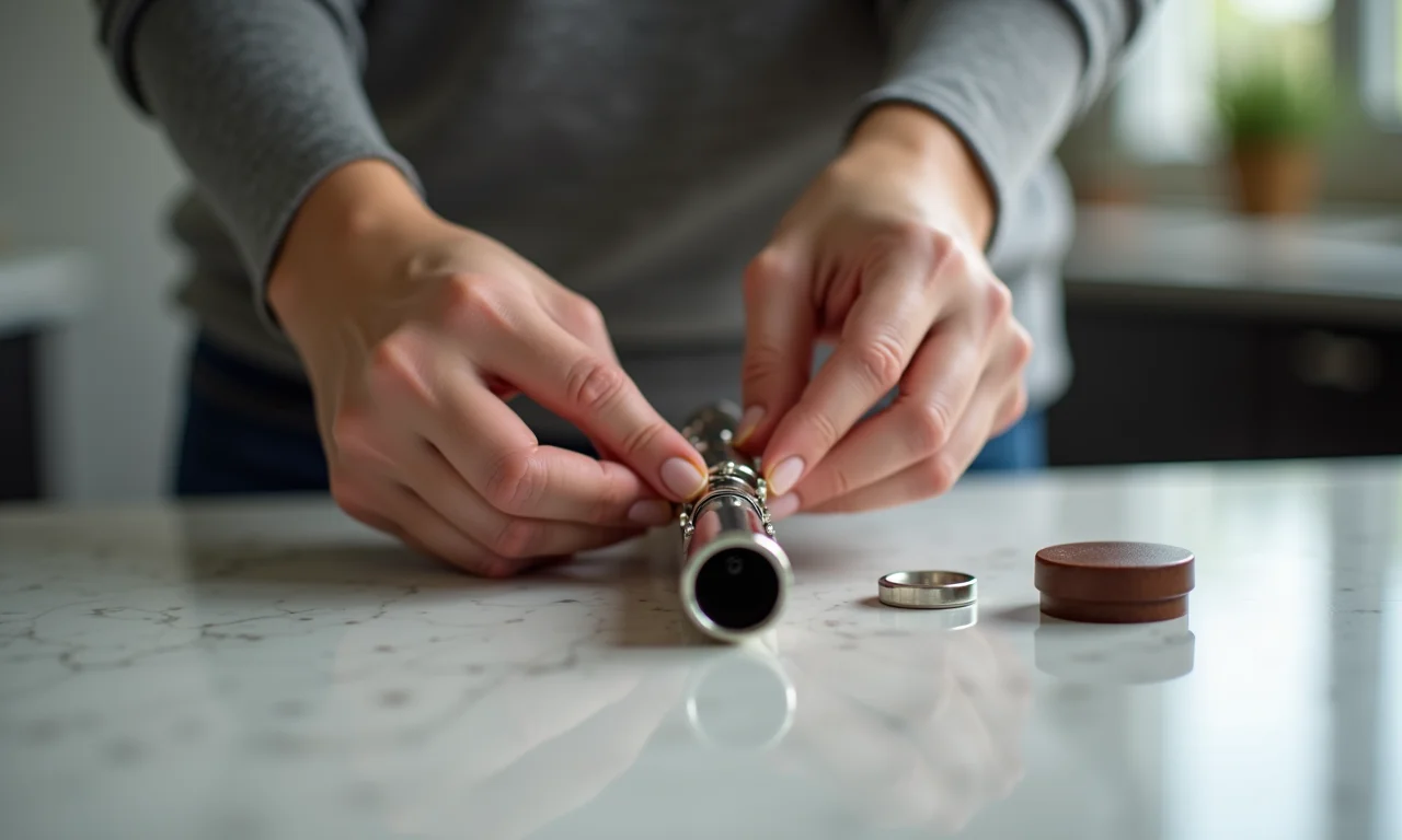 Mãos desmontando uma flauta doce para limpeza.