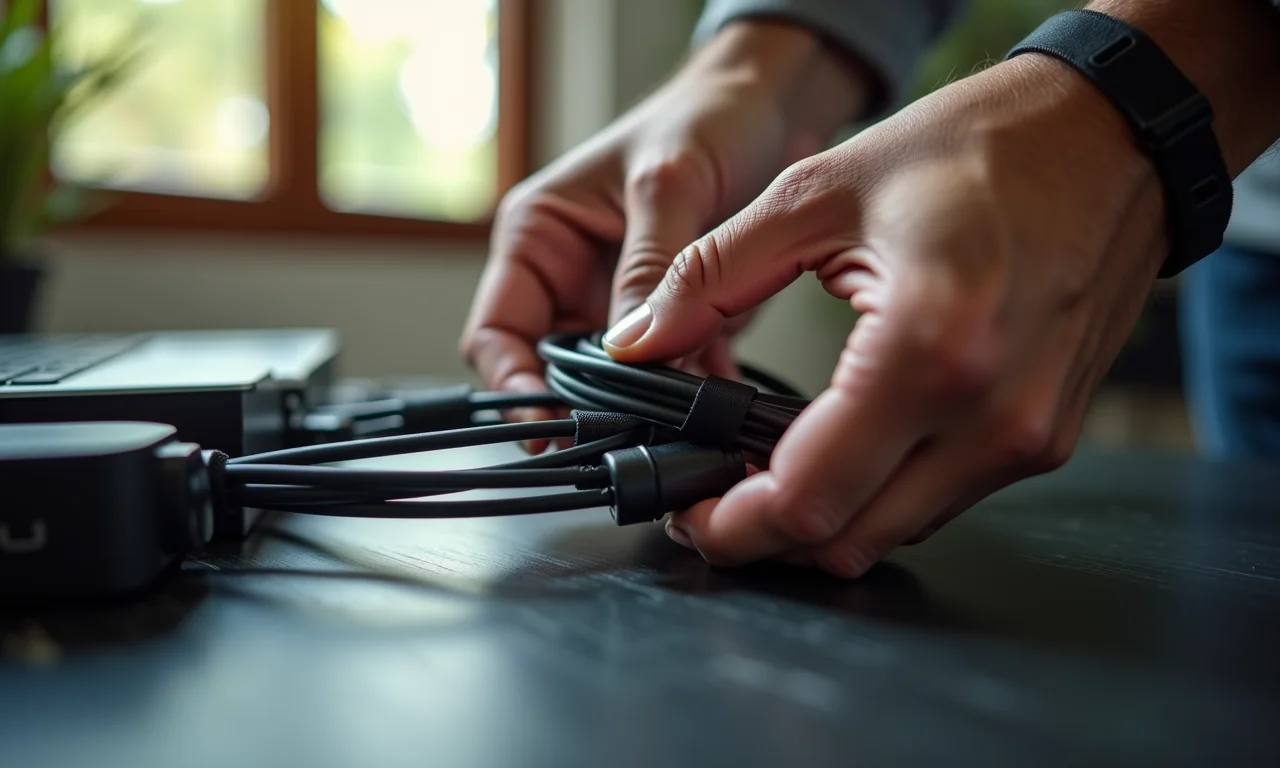 Mãos enrolando cabos com velcro.