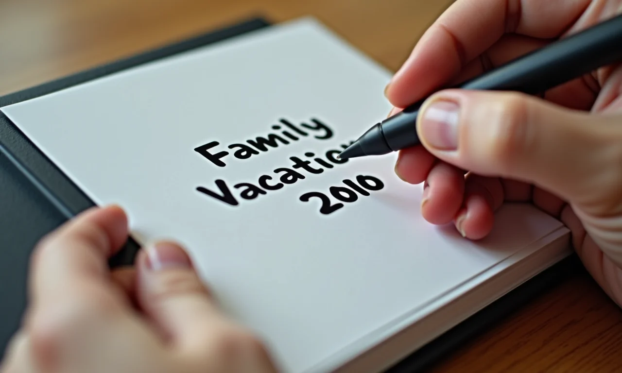 Mãos escrevendo etiqueta para álbum de fotos: 'Viagem em Família 2010'.