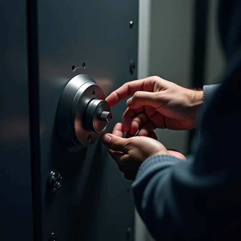 Mãos examinando a fechadura de um cofre antes da limpeza, garantindo o cuidado essencial.