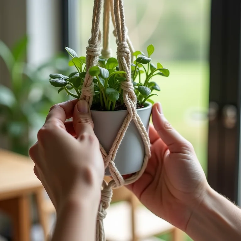 Mãos fazendo um suporte de plantas em macramê