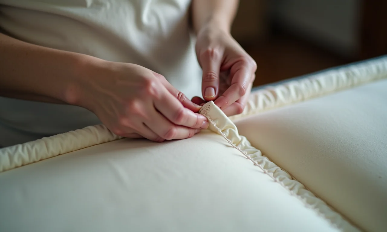 Mãos fechando abertura de futon com agulha e linha.