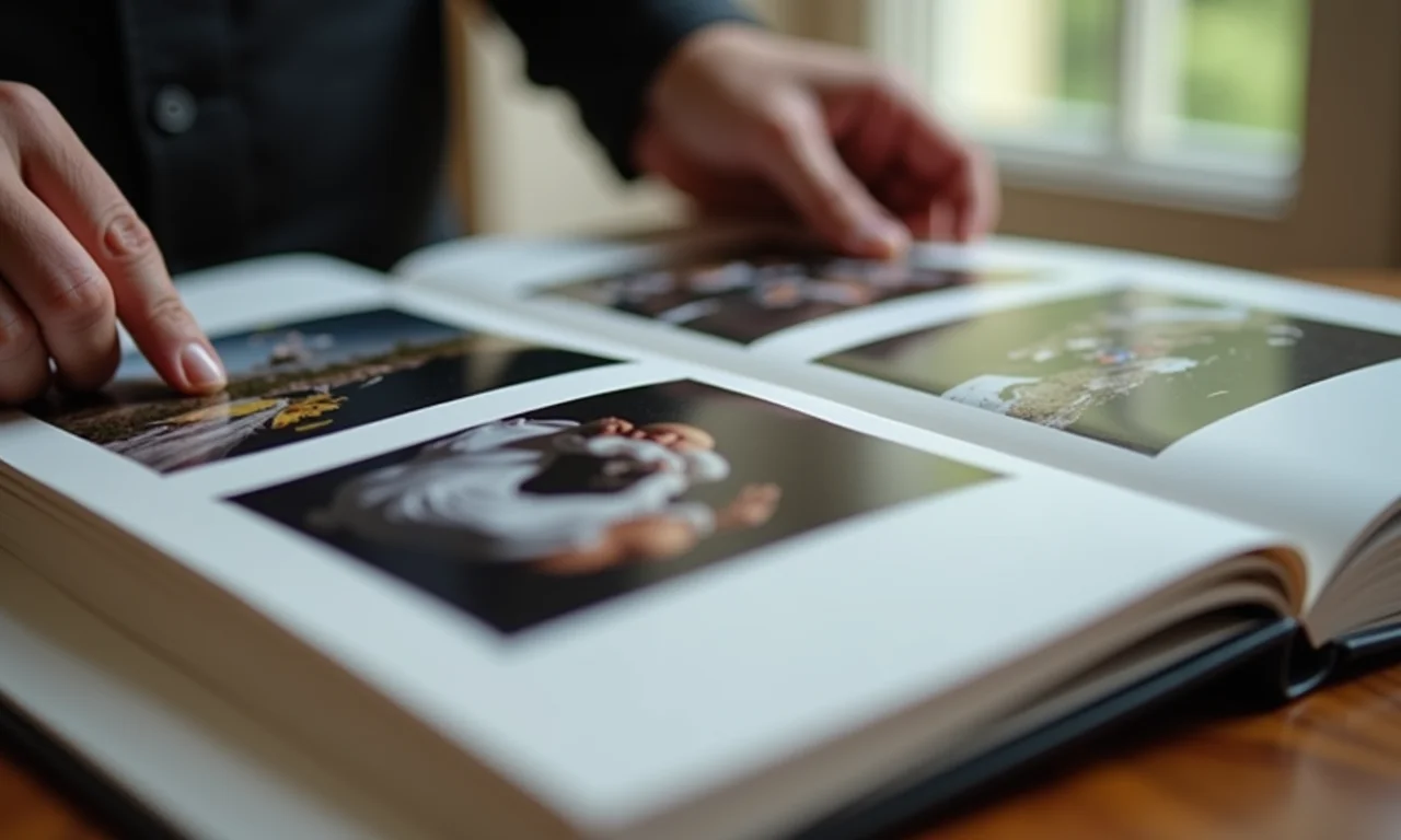 Mãos folheando um álbum de fotos, verificando danos ou desbotamento.