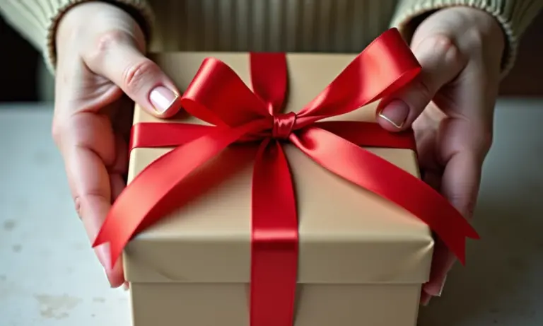 Mãos habilidosas finalizando um presente com um laço de fita de cetim vibrante.
