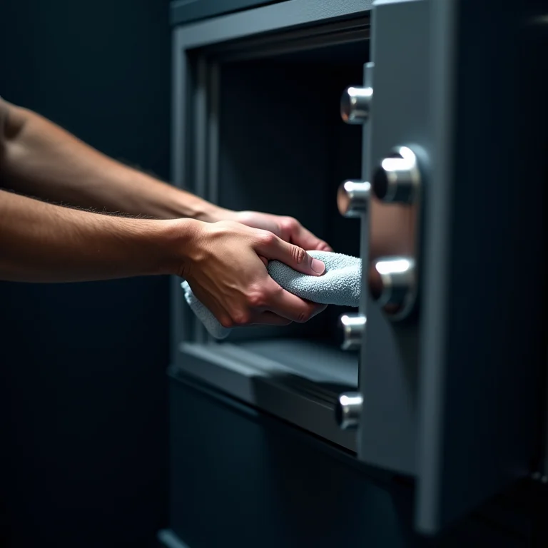 Mãos limpando delicadamente o interior de um cofre com um pano de microfibra, removendo poeira e detritos.