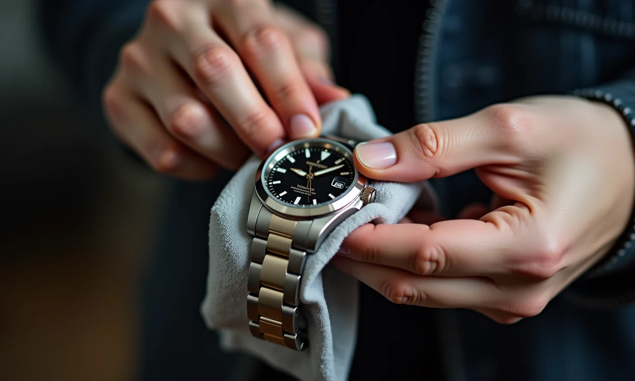 Mãos limpando relógio de pulso de aço inoxidável com pano macio.