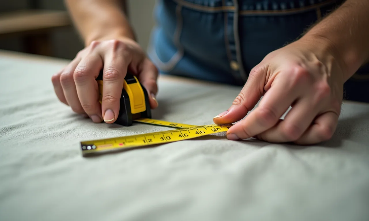 Mãos medindo tecido com fita métrica e régua.
