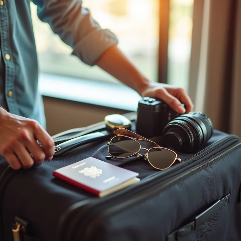 Mãos organizando mala de viagem