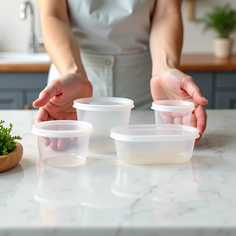 Mãos organizando potes plásticos de diferentes tamanhos em uma bancada de cozinha.