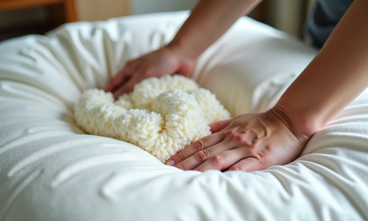 Mãos preenchendo capa de futon com enchimento.