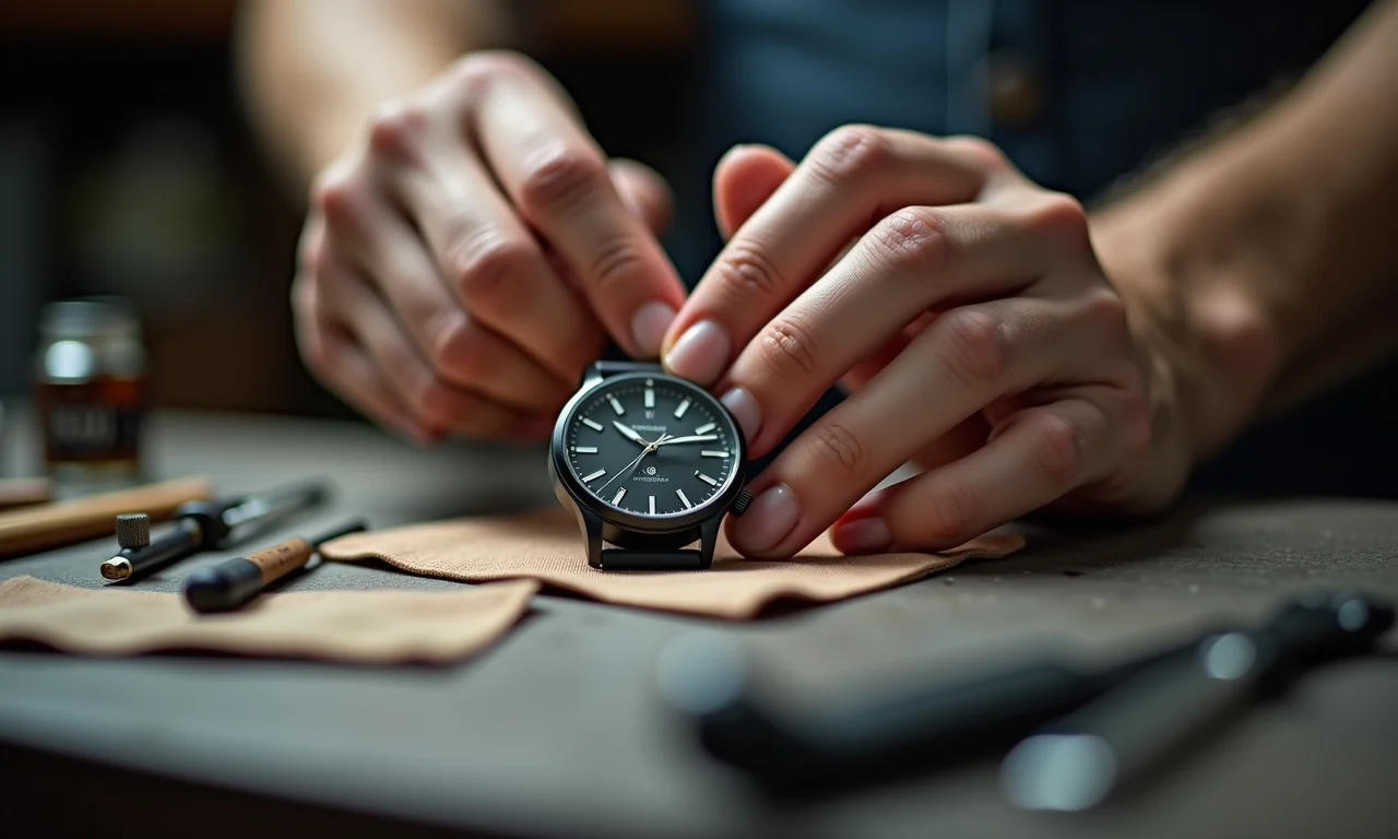 Mãos preparando espaço de trabalho para limpeza de relógio.