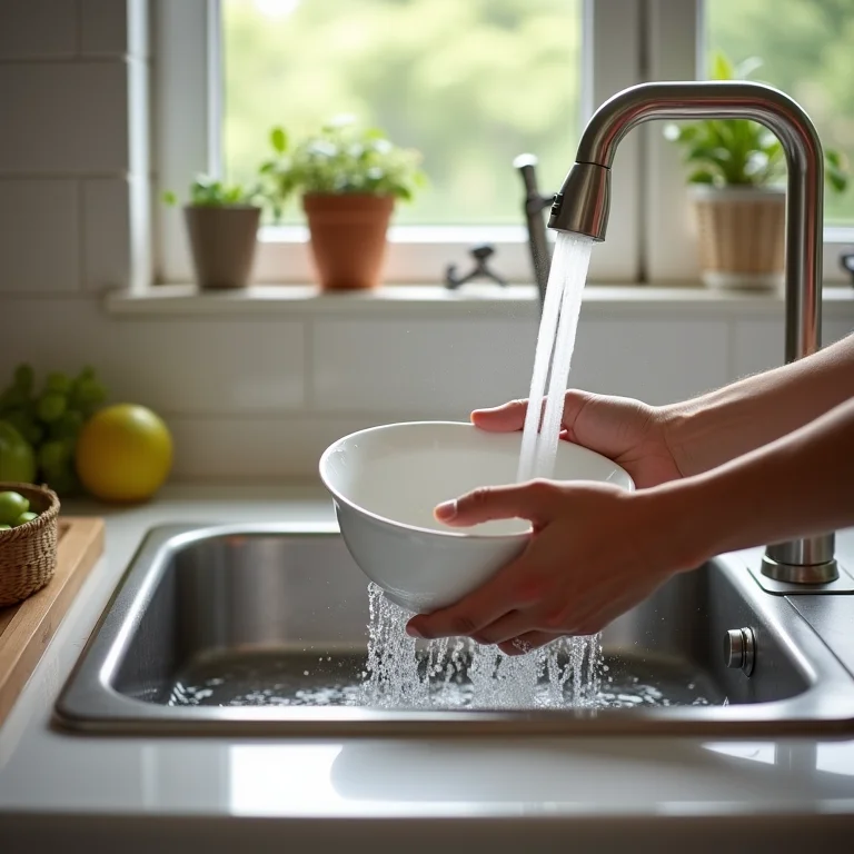 Mãos preparando louça para colocar no escorredor