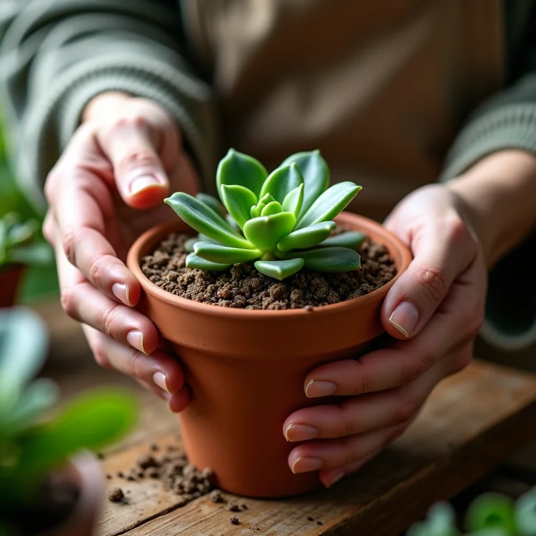 Mãos preparando o substrato adequado para suculentas em um vaso de terracota.
