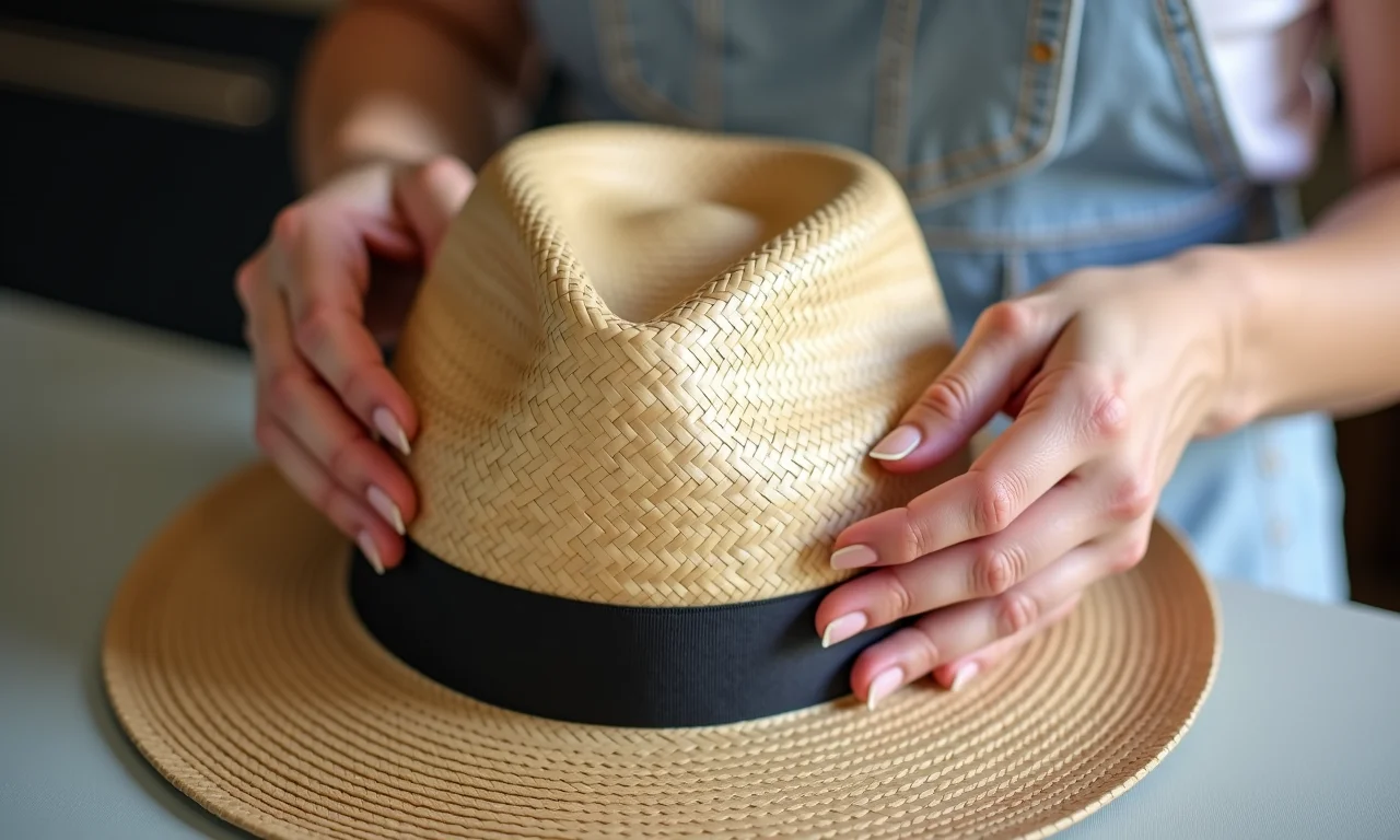 Mãos remodelando um chapéu de praia de palha.