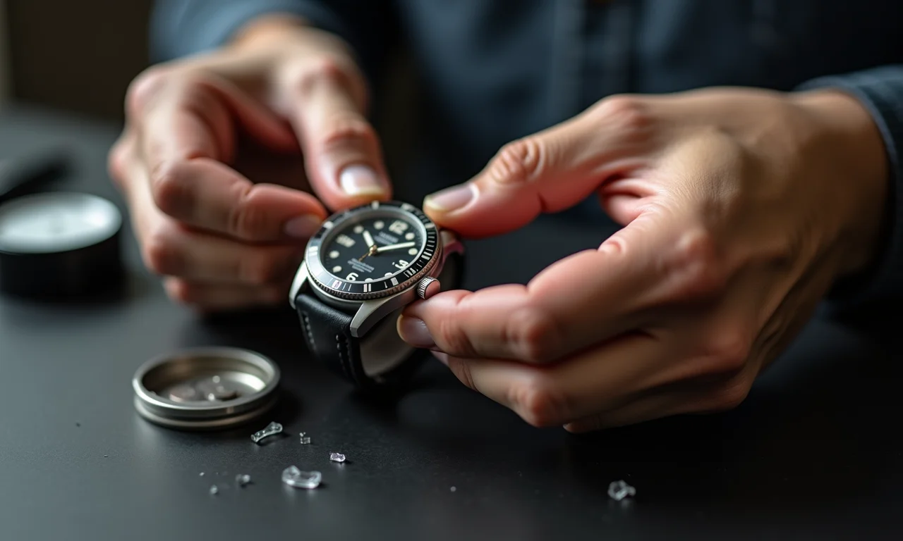 Mãos remontando relógio após limpeza.