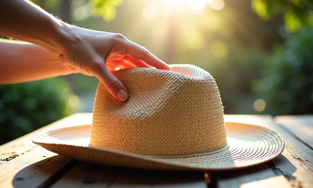 Mãos removendo poeira de um chapéu de praia de palha.