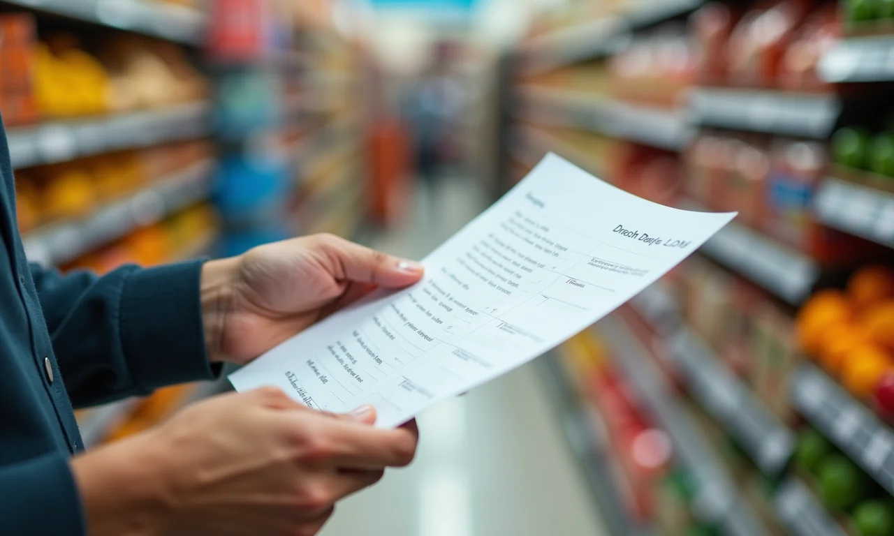 Mãos revisando lista de compras antes de entrar no supermercado.