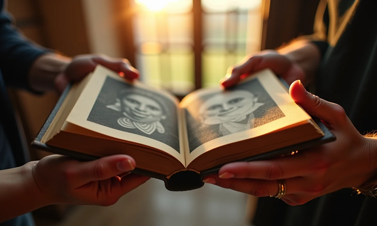 Mãos segurando álbum de fotos antigo com luz solar.
