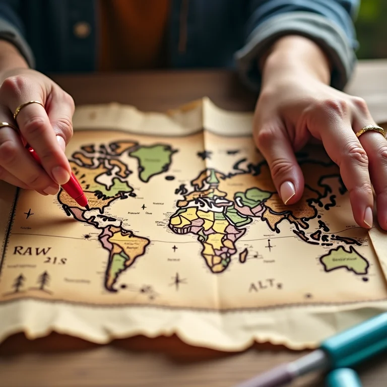 Mãos segurando um mapa do tesouro desenhado à mão com marcadores coloridos.