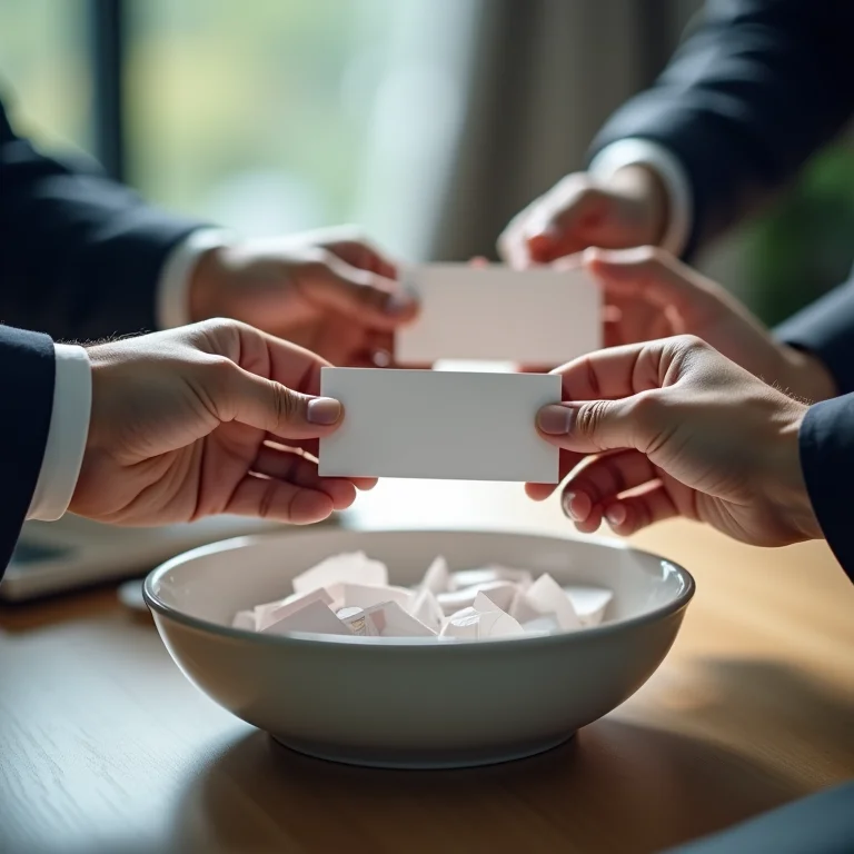 Mãos selecionando cartões de nomes de um recipiente para um debate.