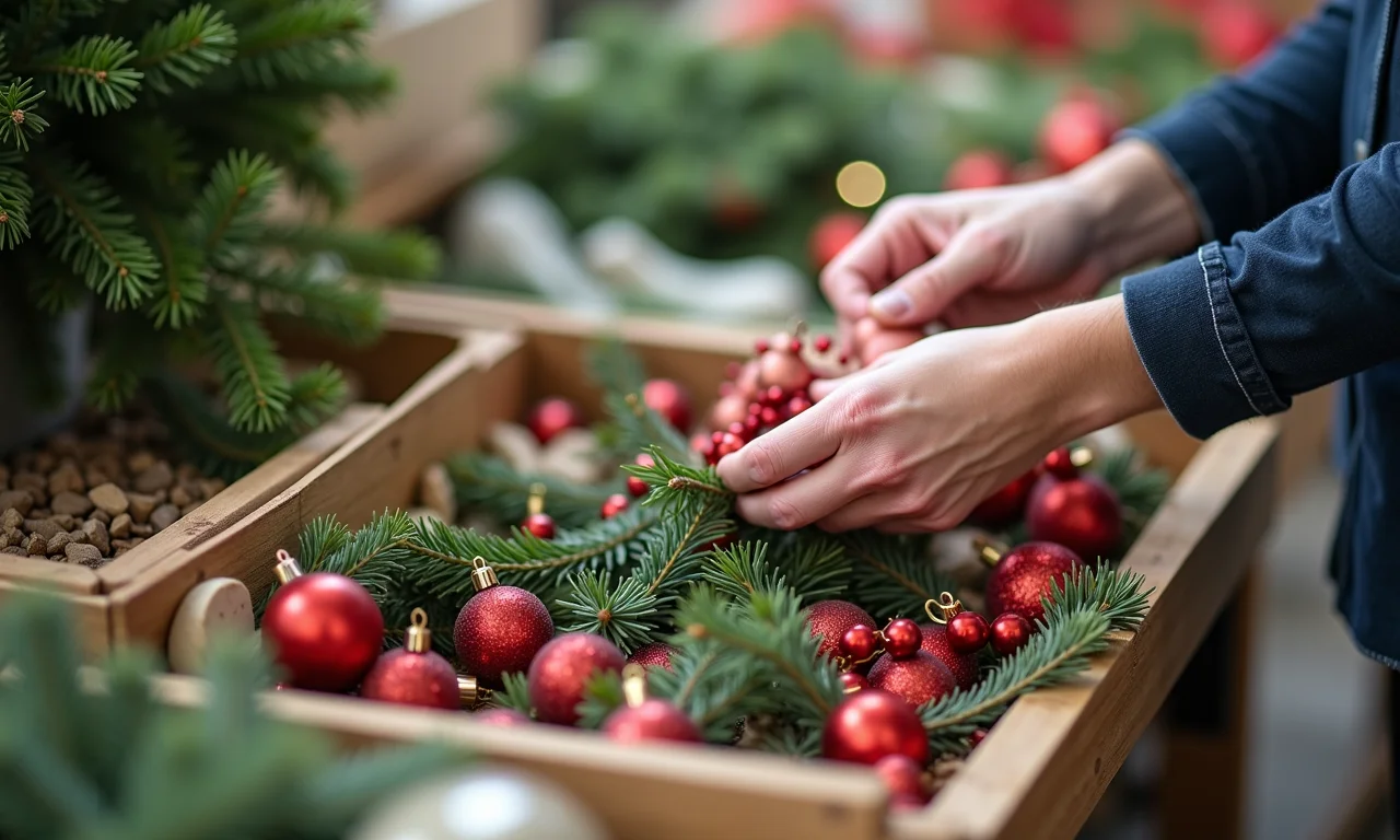 Mãos selecionando materiais para decoração sustentável em mercado local.