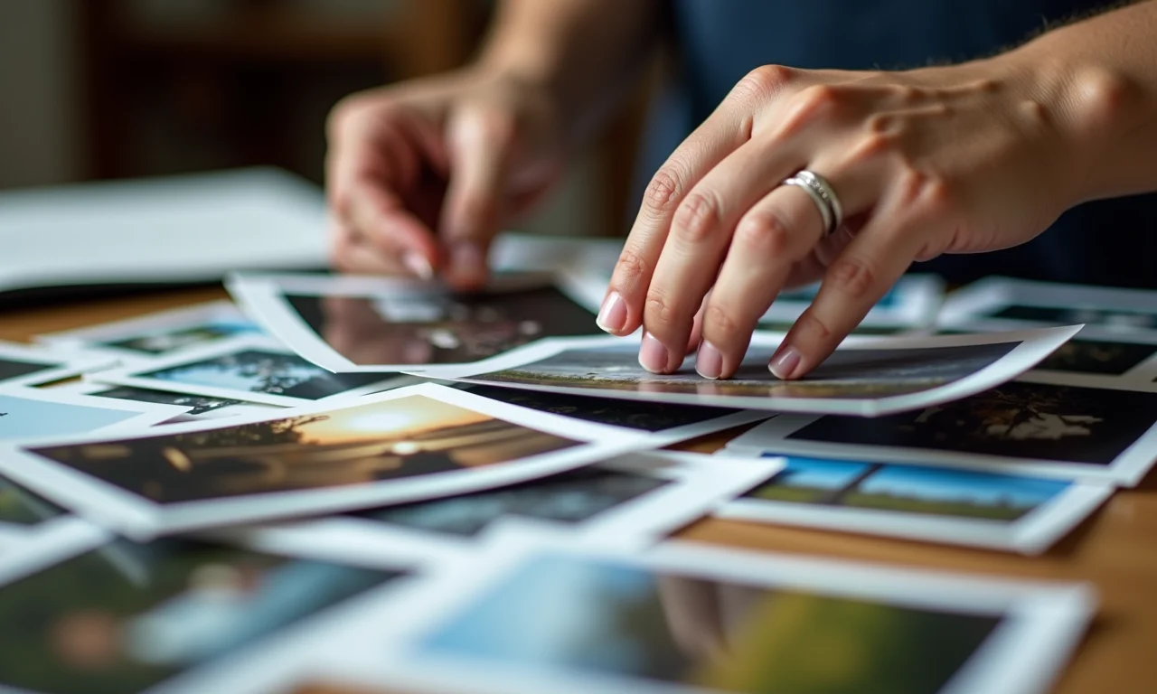 Mãos separando fotos impressas, descartando algumas e guardando outras.