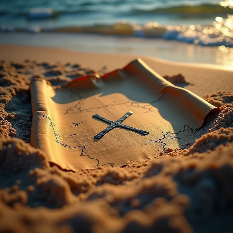 Mapa do tesouro pirata enterrado na areia com um 'X' marcando o local.