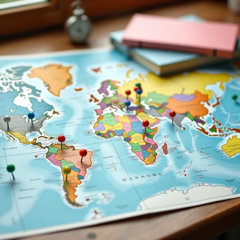 Mapa mundial com destinos marcados, simbolizando planejamento de viagem.