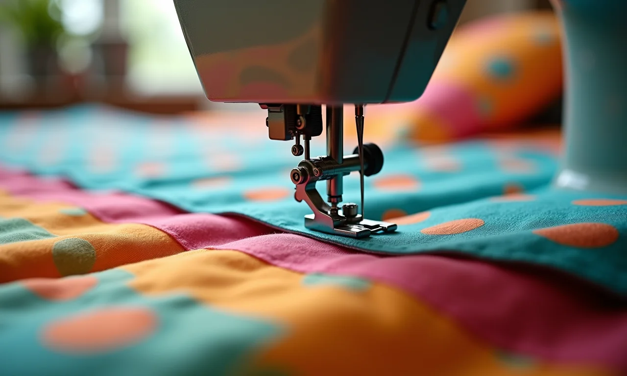 Máquina de costura unindo bordas de tecido para futon.