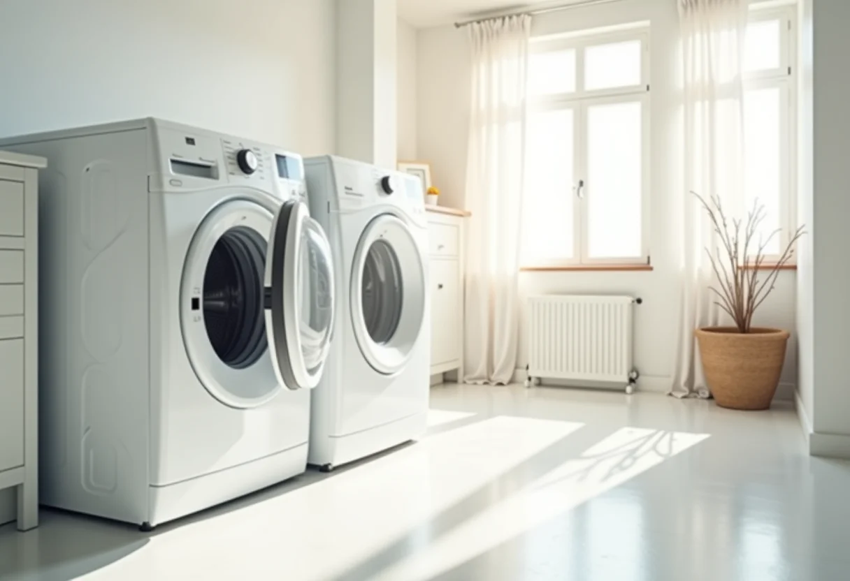 Máquina de lavar roupas moderna em lavanderia clean.