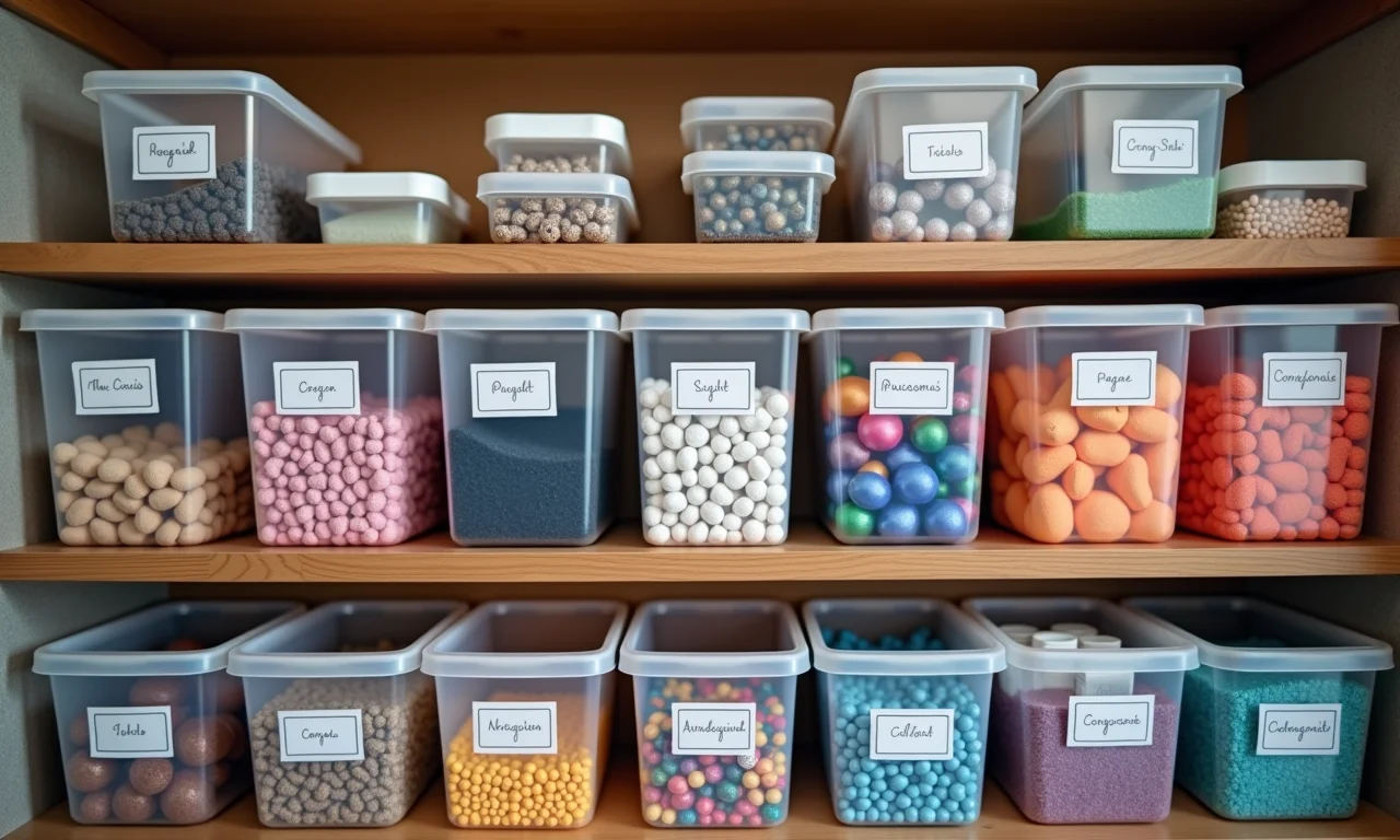 Materiais de artesanato categorizados e organizados.