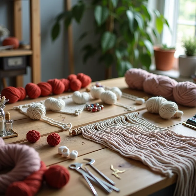 Materiais e ferramentas para macramê em uma mesa