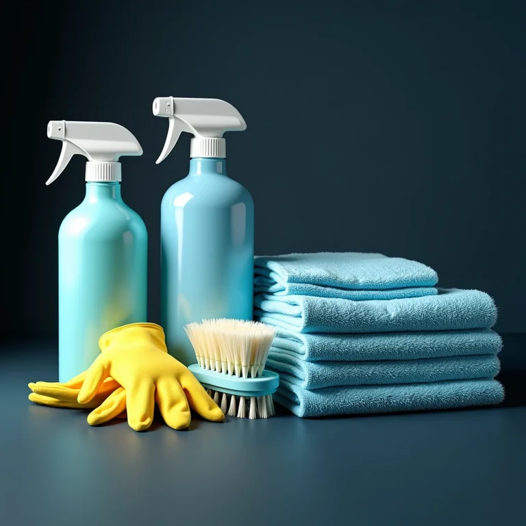 Materiais essenciais para a limpeza segura de um cofre: panos de microfibra, sprays de limpeza neutros, escovas macias e luvas de proteção.