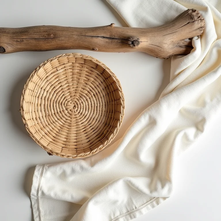 Materiais naturais e rústicos: cesta de vime, madeira reciclada e linho